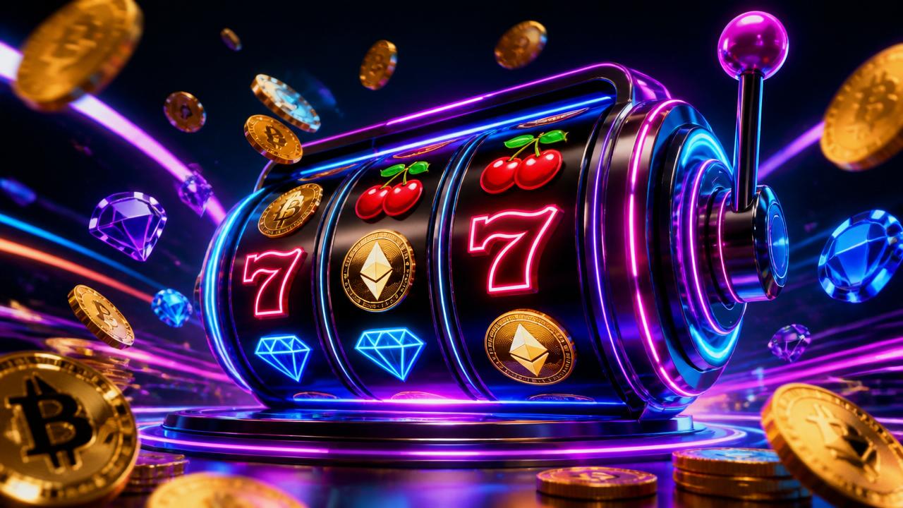Yeet Casino neon slot machine with crypto coins and gems