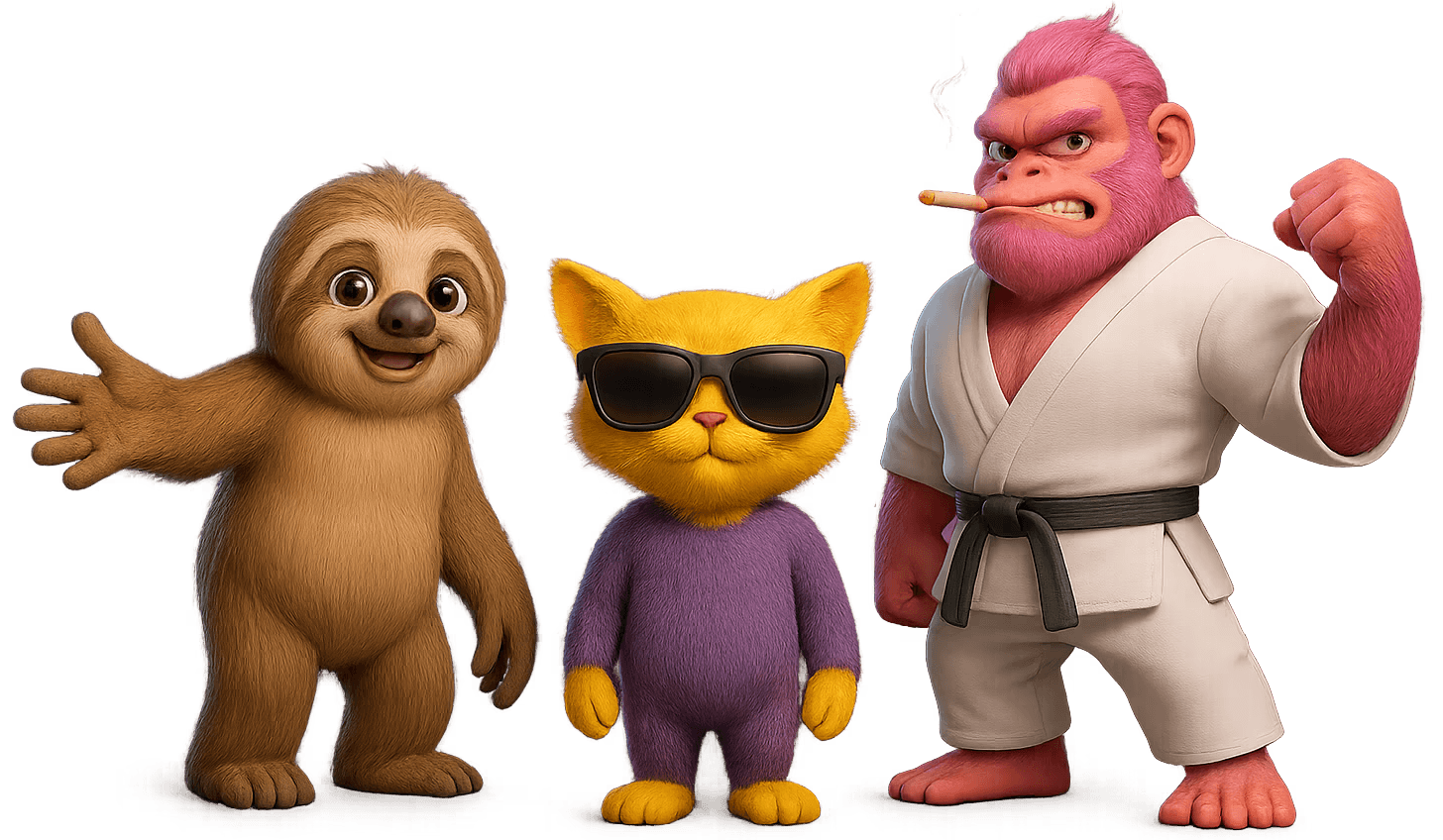 Yeet Casino mascots — sloth, cat, and gorilla characters